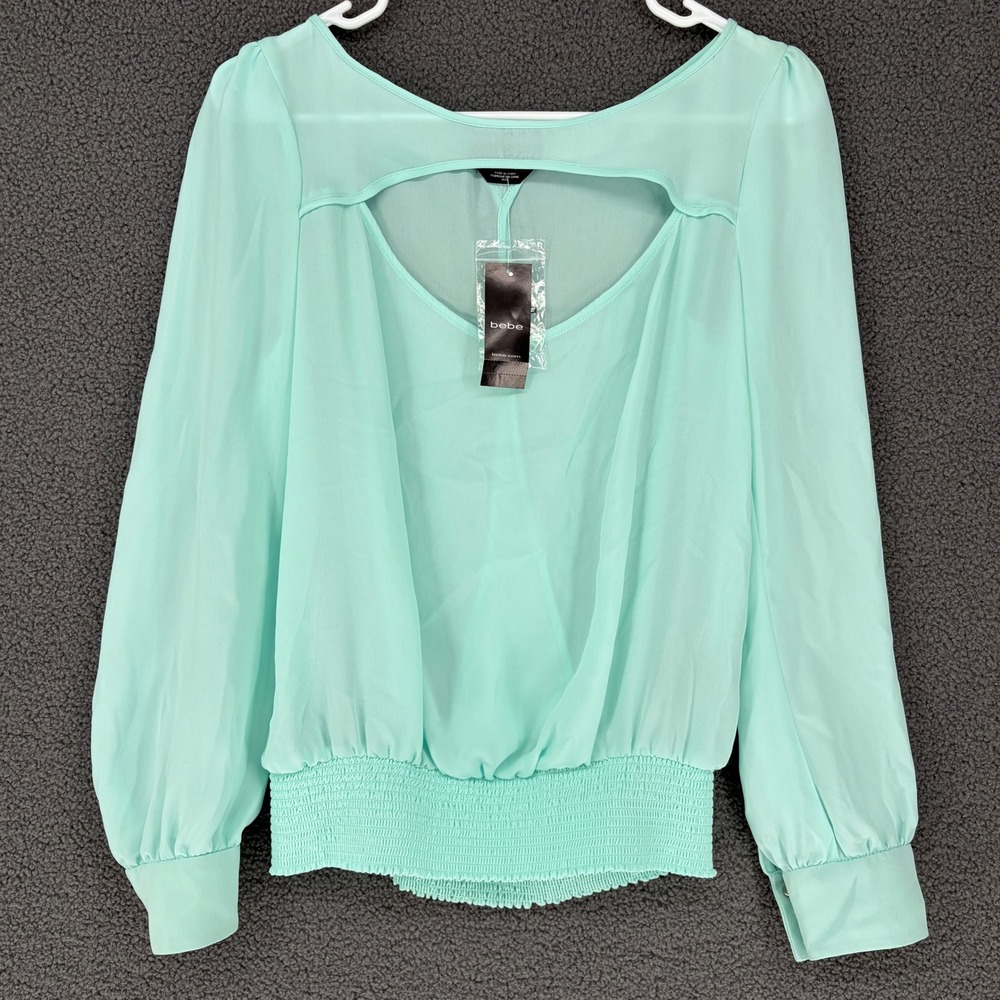 Bebe Mint Green Sheer Long Sleeve Smocked Blouse Cutout Wrap Back NWT Medium